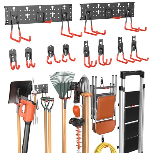 WALMANN Garage Wall Mounted Garden Tool Hooks, Folding Chair Storage Rack | Tools Rack for Shovels, Rakes, Brooms, Ladders, Compatible with Keyhole Style Shelving Units - style: Hooks with 2 Tracks