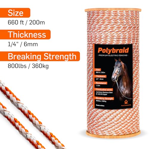 Electric Fence Polybraid 660ft Thickness 1/4" - Premium Heavy Duty Braided Polyrope - High Visible Rope Fencing for Horse, Cattle, Livestock - 6 Wire Conductors: 2X Cooper and 4X Stainless Steel - size: 660ft / 200m