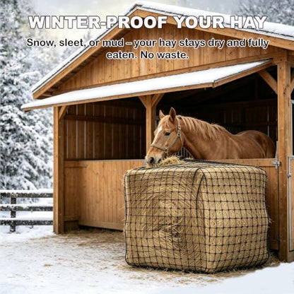 6×6FT Large Square Knotless Hay Net, Thickened Durable Slow Feed Feeder for Horses, Cattle & Sheep, 2 Inch Mesh, Fits 4×4–6×6FT Round Hay Bales & 3×3×8–4×4×8FT Square Hay Bales