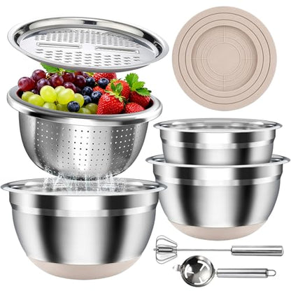 Stainless Steel Mixing Bowls Set with Lids & Silicone Base,7‑Piece Set - color: Khaki