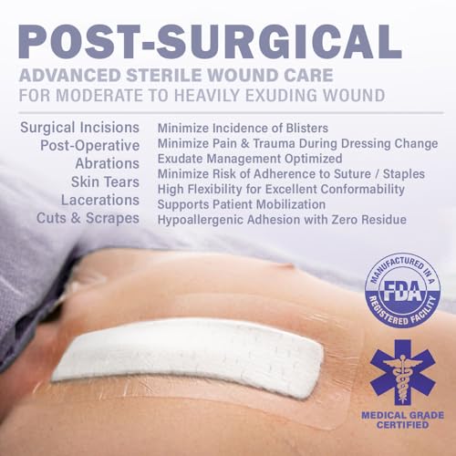EVERLIT Post-Surgical Dressing | Sterile Waterproof Adhesive Dressing for Post-Operative Wound Care | Hypoallergenic Silicone Coated Bandage for Surgical Incision Pack of 5 (4" x 12") - size: 4" x 12"