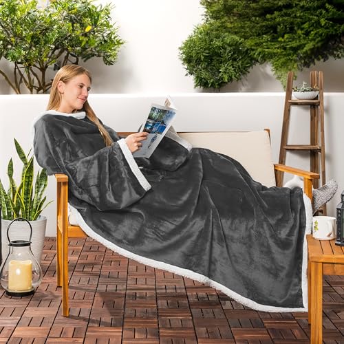 PAVILIA Sherpa Wearable Blanket with Sleeves and Pocket, Plush Thick Cozy Body Blanket Wrap for Adult Women Men, Christmas Gift for Wife Mom, Dark Grey - color: Charcoal