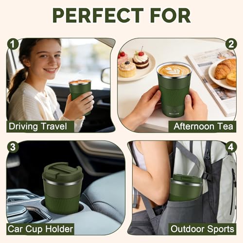 MOMSIV 12oz Travel Coffee Mug, Insulated Coffee Cup with Leak Proof Lid - color: B-Dark Green-12oz