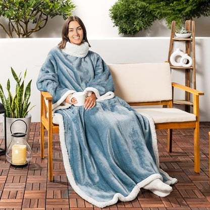 PAVILIA Sherpa Wearable Blanket with Sleeves and Pocket, Plush Thick Cozy Body Blanket Wrap for Adult Women Men, Christmas Gift for Wife Mom, Dusty Blue - color: Dusty Blue