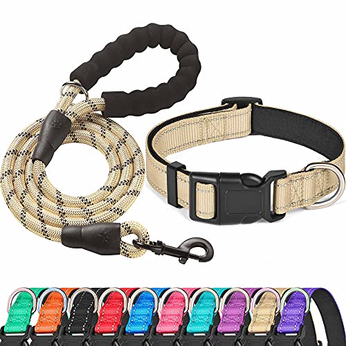 Ladoogo Reflective Dog Collar Padded with Soft Neoprene Breathable Adjustable Nylon Dog Collars for Small Medium Large Dogs (Small (Pack of 1), Beige Collar+Leash) - color: Beige, size: Small