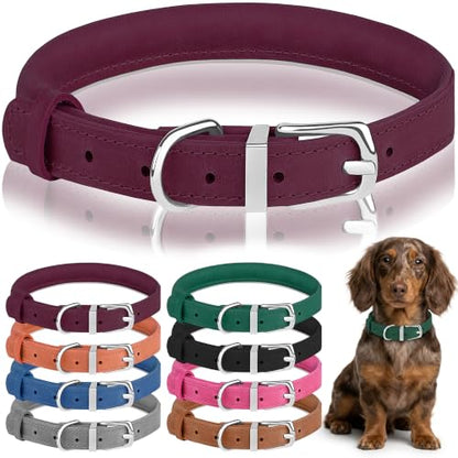 OOPSDOGGY Rolled Leather Dog Collar Reflective – Genuine Leather Round Dog Collar for Small Medium Large Dogs (Burgundy, 14" – 18") - color: Burgundy, size: 14" – 18"