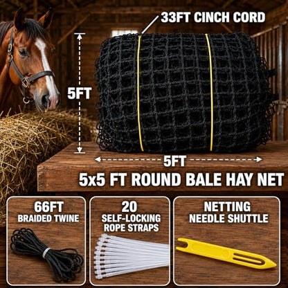 5x5 ft Round Bale Hay Net for Horses & Goats, 1.5" Holes Slow Feeder Hay Nets with Hay Net Repair Tool - size: 5*5*5 FT