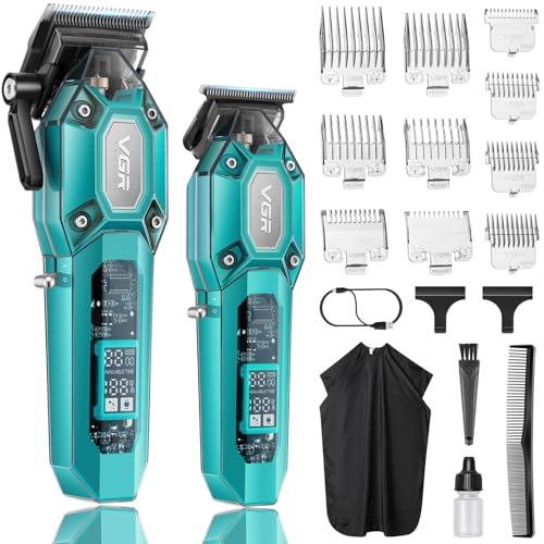 VGR Professional Hair Clippers for Men, Cordless Barber Clippers and Trimmers Set, Mens Hair Cutting Kit with 10 Guide Combs, USB Rechargeable Haircut Machine for Family, LED Display, Green - color: Green