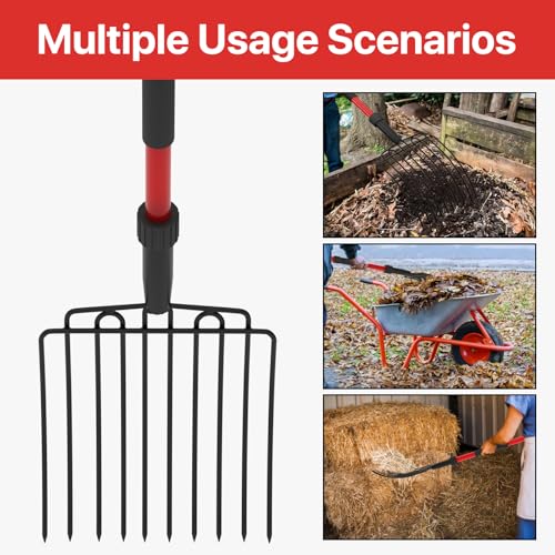 COSITA Pitch Fork for Garden, Wide Pitchfork with 10 Metal Tines, Heavy Duty Garden Fork with Fiberglass Handle 44-Inches, Chicken Coop Pitchforks for Manure, Mulching, Composting, Red