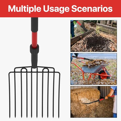 COSITA Pitch Fork for Garden, Wide Pitchfork with 10 Metal Tines, Heavy Duty Garden Fork with Fiberglass Handle 44-Inches, Chicken Coop Pitchforks for Manure, Mulching, Composting, Red