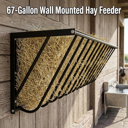 Carbon Steel Goat Hay Feeder, Wall Mounted Livestock Rack, 67 Gallon Dual-Use Rack for Feed, Blankets, Clothes, 63"