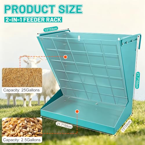 2 in 1 Wall Mount Hay and Grain Feeder, 25 Gallons Livestock Feeder | Galvanized Steel Wall Hay Rack, Hanging Hay Feeder with Mounting Kit for Goats Sheep Horse, Slow Feeder for Goats with Trough