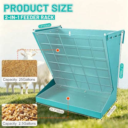 2 in 1 Wall Mount Hay and Grain Feeder, 25 Gallons Livestock Feeder | Galvanized Steel Wall Hay Rack, Hanging Hay Feeder with Mounting Kit for Goats Sheep Horse, Slow Feeder for Goats with Trough