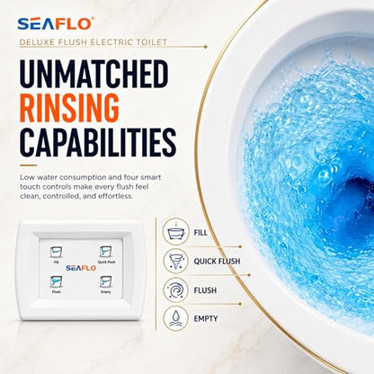 SEAFLO Deluxe Flush Freshwater Electric Marine Toilet - Fresh Water Rinse, 12V, w/ 4-way Flush Panel, Smart Flushing System, Ceramic Bowl, Soft Close Seat, Quiet Flush, Macerator Pump, 4 Year Warranty - style: 12V Deluxe Flush - Fresh Water Rinse - Soleno