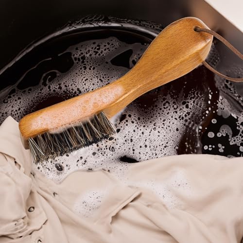 Laundry Stain Brush, Soft Natural Horse Hair, Safe on Delicates 2pcs | Clothes Cleaning Scrubber, Stain Remover for Shirts, Collars, Cuffs & Shoes, Curved Beech Wood Handle with Hanging Loop