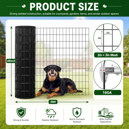 PVC Coated Welded Wire Mesh 48in x 50ft, 2x3 Mesh Black Fence Roll - color: 16GA 48''×50'