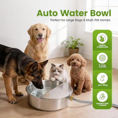 Automatic Dog Water Bowl Dispenser Large Breed Outdoor Pet Water Fountain with Float Valve 6.5L Heavy-Duty Stainless Steel Auto Waterer for Large Dogs Cats Puppy Chicken (1 Drinking Port) - size: 1 drinking port