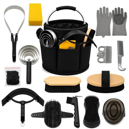 Horse Grooming Kit, 15-Piece Horse Brush Set with Tote Bag, Long Shedding Blade, Hoof Pick, Curry Comb, Sweat Scraper, Mane and Tail Comb, Gloves, Equine Grooming Supplies, Black - color: Black