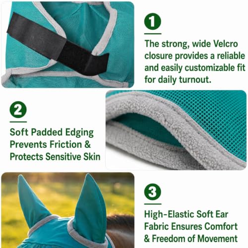 Horse Fly Mask with Ears - UV Protection, Breathable Mesh, Soft Edging for Comfort, Adjustable Fit for Horses & Ponies - Stops Flies, Bugs & Sun Bleaching, Size M - size: M