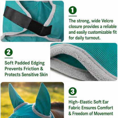 Horse Fly Mask with Ears - UV Protection, Breathable Mesh, Soft Edging for Comfort, Adjustable Fit for Horses & Ponies - Stops Flies, Bugs & Sun Bleaching, Size M - size: M