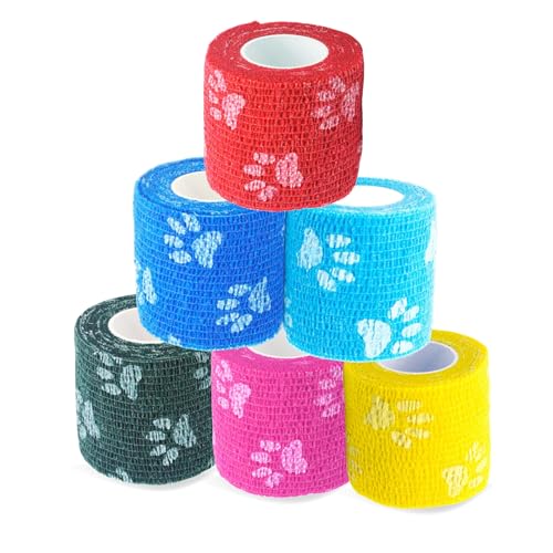 MEDUWEDU Pet Bandage 6 Rolls, Adhesive Bandage, Self Adhesive Bandage, First Aid Adhesive Gauze, for Horses, Dogs,Cats, Birds, Animals (Paw Prints, 2 Inch (Pack of 6)) - color: Animals