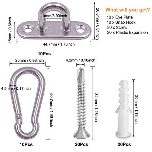 10 Pcs Stainless Steel 1.8 inch Pad Eye Plate U Hooks + 10pcs Stainless Steel Snap Hook, Marine Hardware Staple Hook Loop with Screws, Plastic Expansion Pipe | Marine Hardware Staple Hook Loop with Screws, Plastic Expansion Pipe