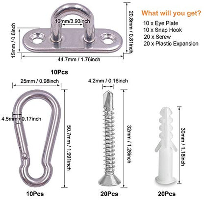 10 Pcs Stainless Steel 1.8 inch Pad Eye Plate U Hooks + 10pcs Stainless Steel Snap Hook, Marine Hardware Staple Hook Loop with Screws, Plastic Expansion Pipe | Marine Hardware Staple Hook Loop with Screws, Plastic Expansion Pipe
