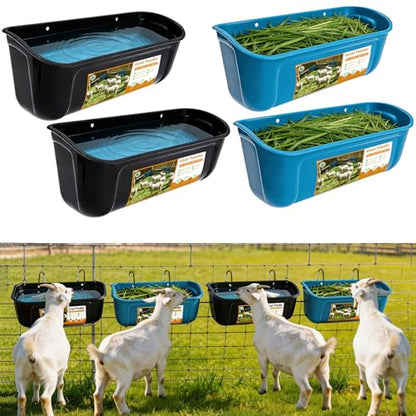 4 Pack Goat Feeders Hanging with Heavy Duty Carabiner for Fence,Large Capacity Sheep Feeder,No Mess Goat Water Trough, Easy to Install, Holds a Lot of Food