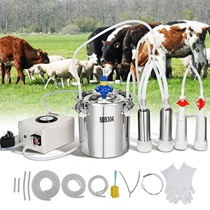VEVOR Goat Milking Machine, 6 L 304 Stainless Steel Bucket, Electric Automatic Pulsation Vacuum Milker, Portable Milker with Food-Grade Silicone Cups and Tubes, Adjustable Suction for Cows and Sheep - size: 6 L