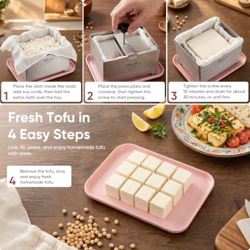 Tofu Press Stainless Steel, Tofu Maker and Paneer Press with Cloth, Pink - color: Stainless Steel Standard
