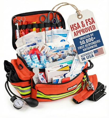 Scherber First Responder Fully-Stocked Professional Essentials EMT/EMS Trauma Kit | HSA/FSA Approved | Reflective Bag w/8 Zippered Pockets & Compartments & 200+ First Aid Supplies - Orange - color: Orange