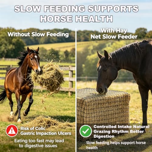 6×6FT Large Square Knotless Hay Net, Thickened Durable Slow Feed Feeder for Horses, Cattle & Sheep, 2 Inch Mesh, Fits 4×4–6×6FT Round Hay Bales & 3×3×8–4×4×8FT Square Hay Bales
