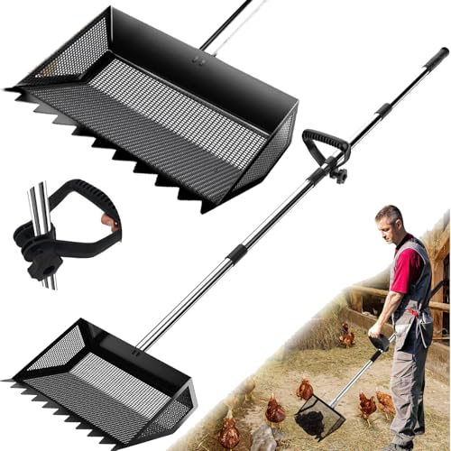12"Chicken Poop Scooper Rake 2in1 with Adjustable Handle,Chicken Poop Scoop | Chicken Coop Scoop for Sand,Wide 10”Poop Shovel Cleaning Tools, Heavy Duty Sifting Shovel,Chicken Coop Accessories,Black Max