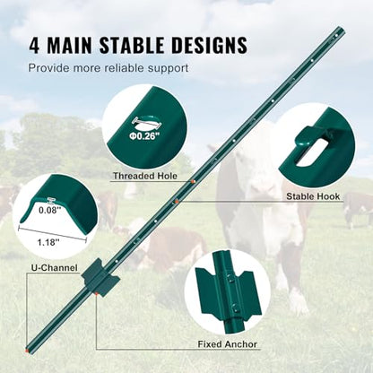 VEVOR 4 Feet U-Channel Metal Fence Post, 10 Pack with 20 Zip Ties & 20 Clips, Sturdy Steel Stakes for Garden Yard, Lawn, Farms and Outdoor Wire Fencing, Green - size: 4 Feet 10 Pack