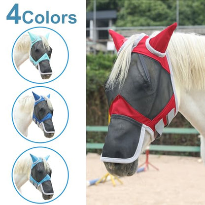 Horse Fly Mask with Ears & Long Nose, Fine Mesh Red Full - color: Red, size: Full