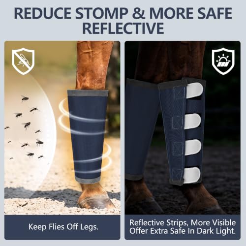 Fly Boots for Horses Set of 4 with Reflective Vercros, Loose Fitting Mesh Horse Fly Boots Leggings, Adjustable Equine Leg Wraps & Socks, Stay Up Not Sag, No Rub - color: Black Blue