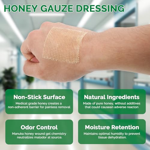 Greetmed Honey Gauze Wound Dressing 4" x 4" Medical Grade Manuka Honey Wound Care Pads Honey Bandages for 1st & 2nd-Degree Burns, Abrasions, Cuts and Scalds (Individually Pack of 10) - size: 4“ x 4”(10 Packs)