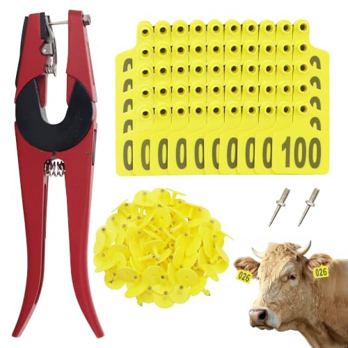 100 PCS Cattle Ear Tags Numbered 001-100 with Pliers for Goats Sheep Pigs - color: Yellow