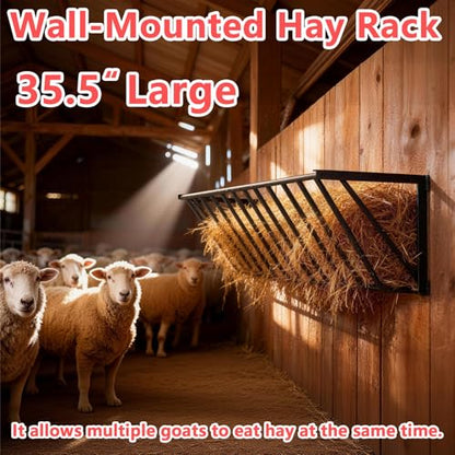 Goats Hay Feeder, 35.5'' Long, Heavy Duty Iron Wall Hay Rack, Blanket Holder, Large Capacity for Goats,Horses,Cattle and Other Livestock, Farm Indoor and Outdoor Use, Black - size: 35 in