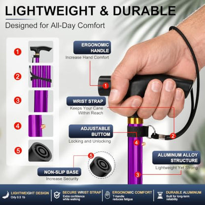 supregear Folding Cane, 5-Level Adjustable Height Walking Stick Lightweight Collapsible Portable Travel Cane with Wrist Strap and T Handle for Elderly Disabled Men Women - color: Purple