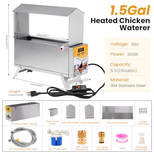 1.5 Gallon Heated Chicken Waterer Freeze Proof for Winter