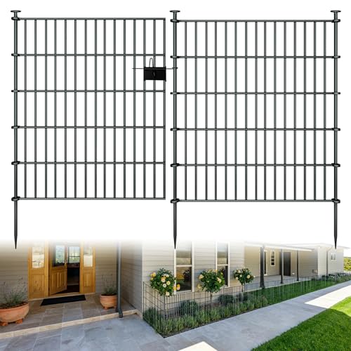 10 Panel No Dig Metal Garden Fence 32"H x 23.6'L Dog Fence Outdoor for Yard | Rustproof welded metal with ground stakes for outdoor yards, patios. Modular design restrains pets, rabbits and small animals - size: 10 Panels-23.6 ft(L) X 32 in(H) with Gate