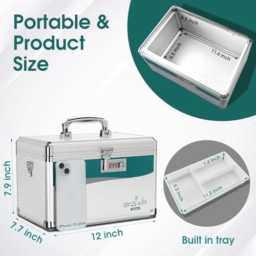 Glosen Medicine Lock Box with Code, 2-Layer Aluminum Alloy Medicine Organizer Box with Removable Tray, Portable Medication Lock Box with Shoulder Strap for Home Safety, Travel & Office (12x7.7x7.9In) - size: Medium-12in