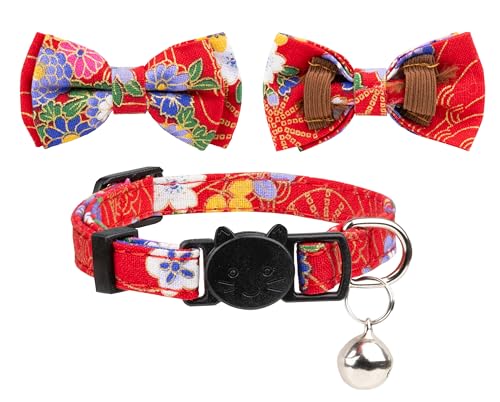 Collar for Cat Pet Breakaway with Bell Bowtie Detachable Bow Adjustable Safety Kitten Puppy Girl Boy 2pcs Navy Blue & Red - color: Flower-Navy Blue & Red
