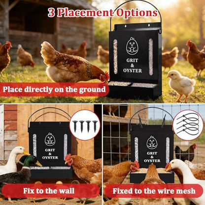 Oyster Shell and Grit Feeder Combo, Metal Chicken Feeder with Viewing Window/Lid, Hanging Gravity Chicken Grit Feeder, Coop Accessories for Healthier Hens and Eggs (Black) - color: Black