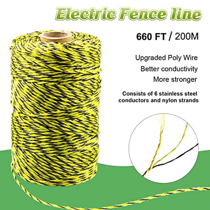 660 Feet Electric Fence Polywire, 200 Meters 1/8" Diameter Portable Electric Fencing Poly Wire Rope Line 6 Steel Strands for Reliable Conductivity & Rust Resistance - size: 656 Ft