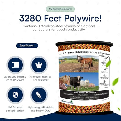 My Animal Command 1/8 Inch Thick Polywire Electric Fence 3280 Feet/1000m