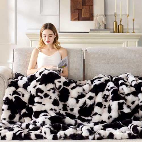 Anysay Faux Fur Throw Blanket, 1000GSM Fluffy Soft Bubble Blanket 80''*90'' - color: Cow Black, size: Queen