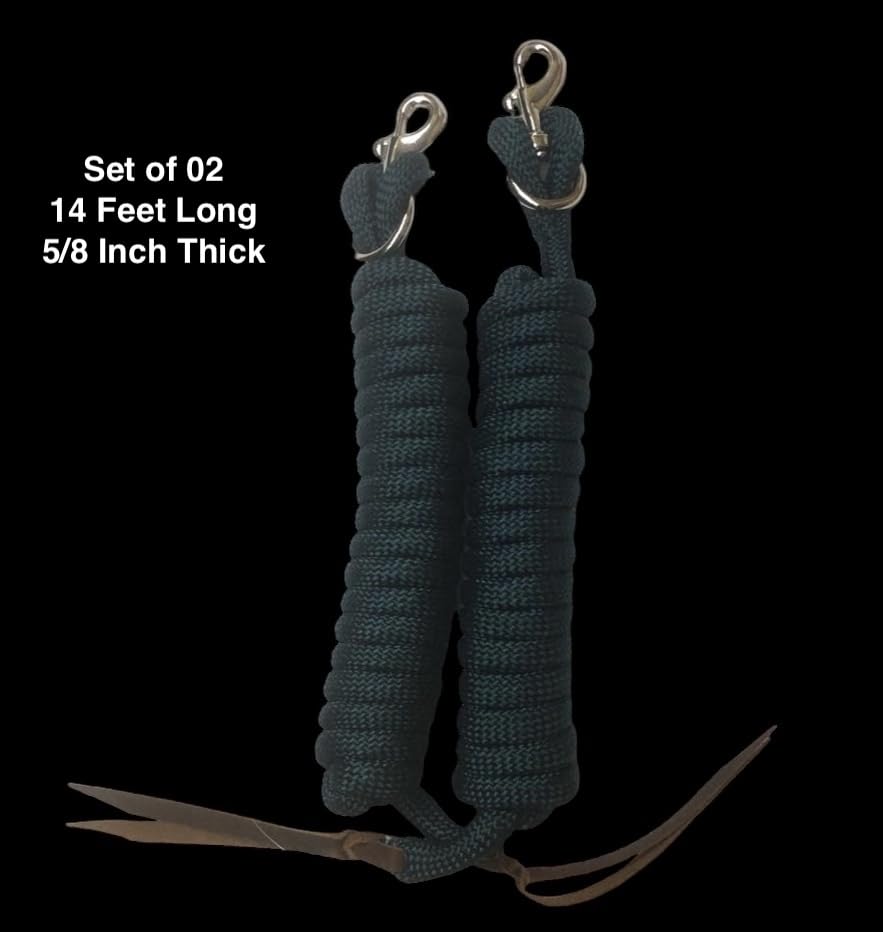 Majestic Ally 14' Pack of 2 Poly Training Lead Rope with Leather Popper for Horses & Livestock – 14 Foot Long and 5/8 inch Thick - Replaceable Heavy-Duty Bolt Snap (Hunter Green) - color: Hunter Green