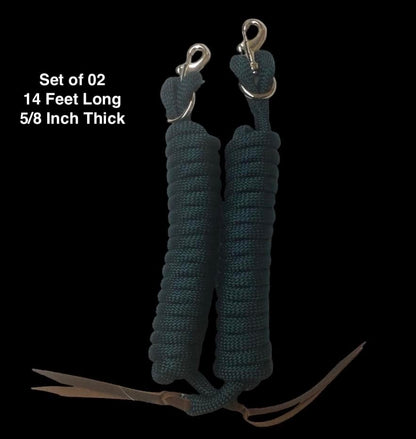 Majestic Ally 14' Pack of 2 Poly Training Lead Rope with Leather Popper for Horses & Livestock – 14 Foot Long and 5/8 inch Thick - Replaceable Heavy-Duty Bolt Snap (Hunter Green) - color: Hunter Green